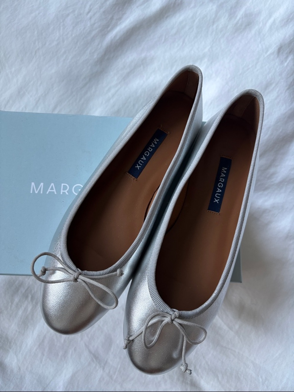 NEW Margaux Silver Leather Bow Demi Ballet Flats